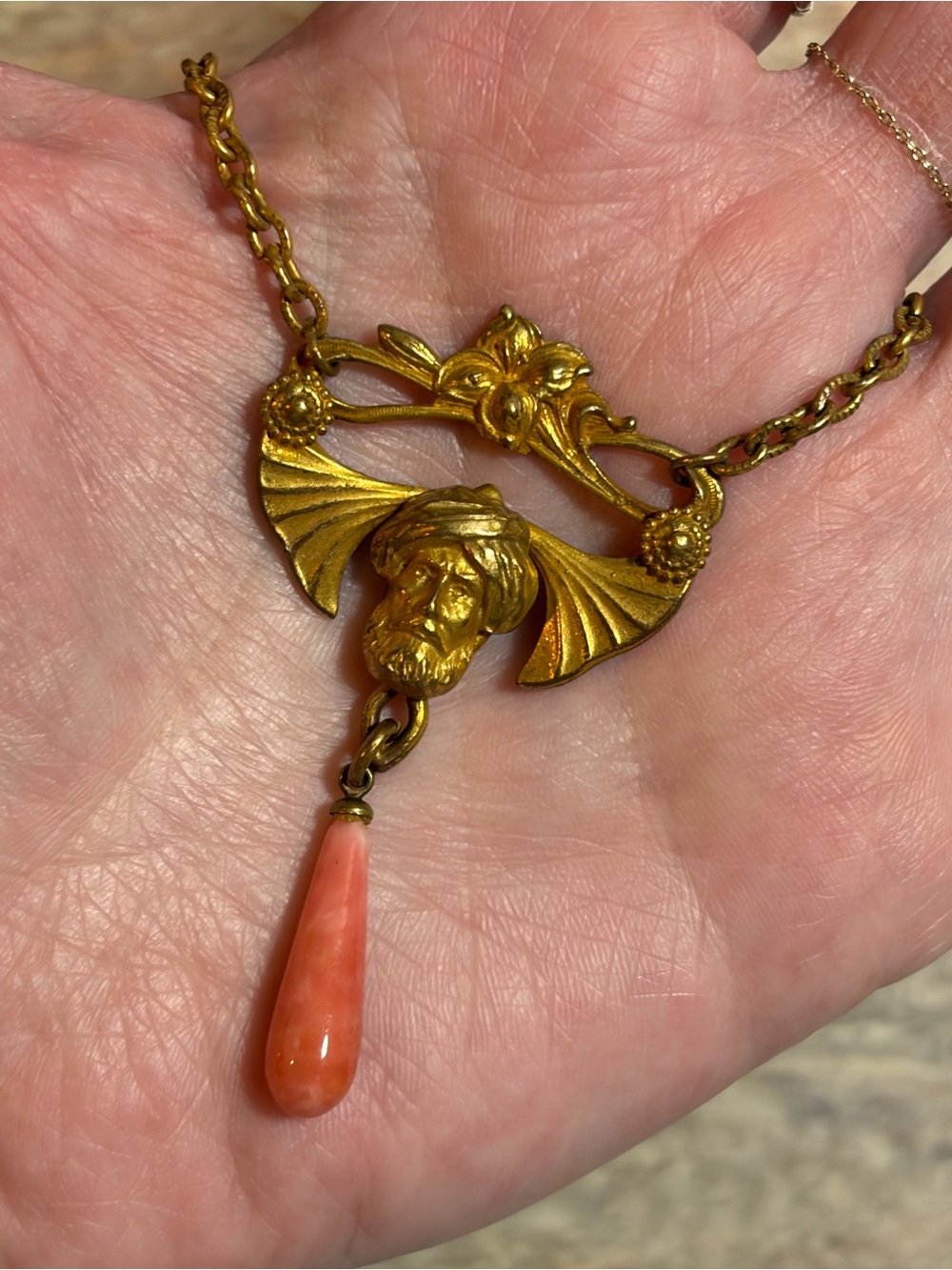 Antique Art Nouveau Turban Hat Man With Glass? Droplet Lavaliere Necklace